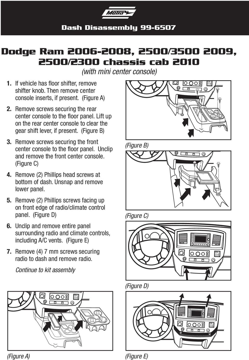 (Figure B) 3. Remove screws securing the front center console to the floor panel. Unclip and remove the front center console. (Figure C) 4. Remove (2) Phillips head screws at bottom of dash.