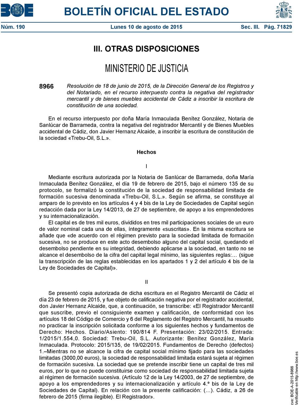 registrador mercantil y de bienes muebles accidental de Cádiz a inscribir la escritura de constitución de una sociedad.