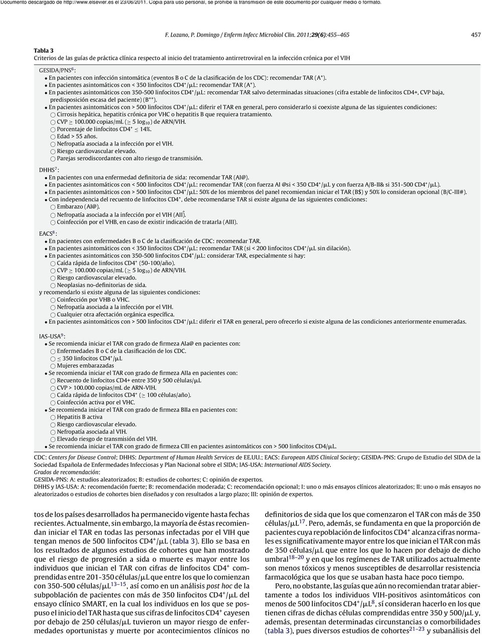 infección sintomática (eventos BoCdelaclasificación de los CDC): recomendar TAR (A*). En pacientes asintomáticos con < 350 linfocitos CD4 + / L: recomendar TAR (A*).