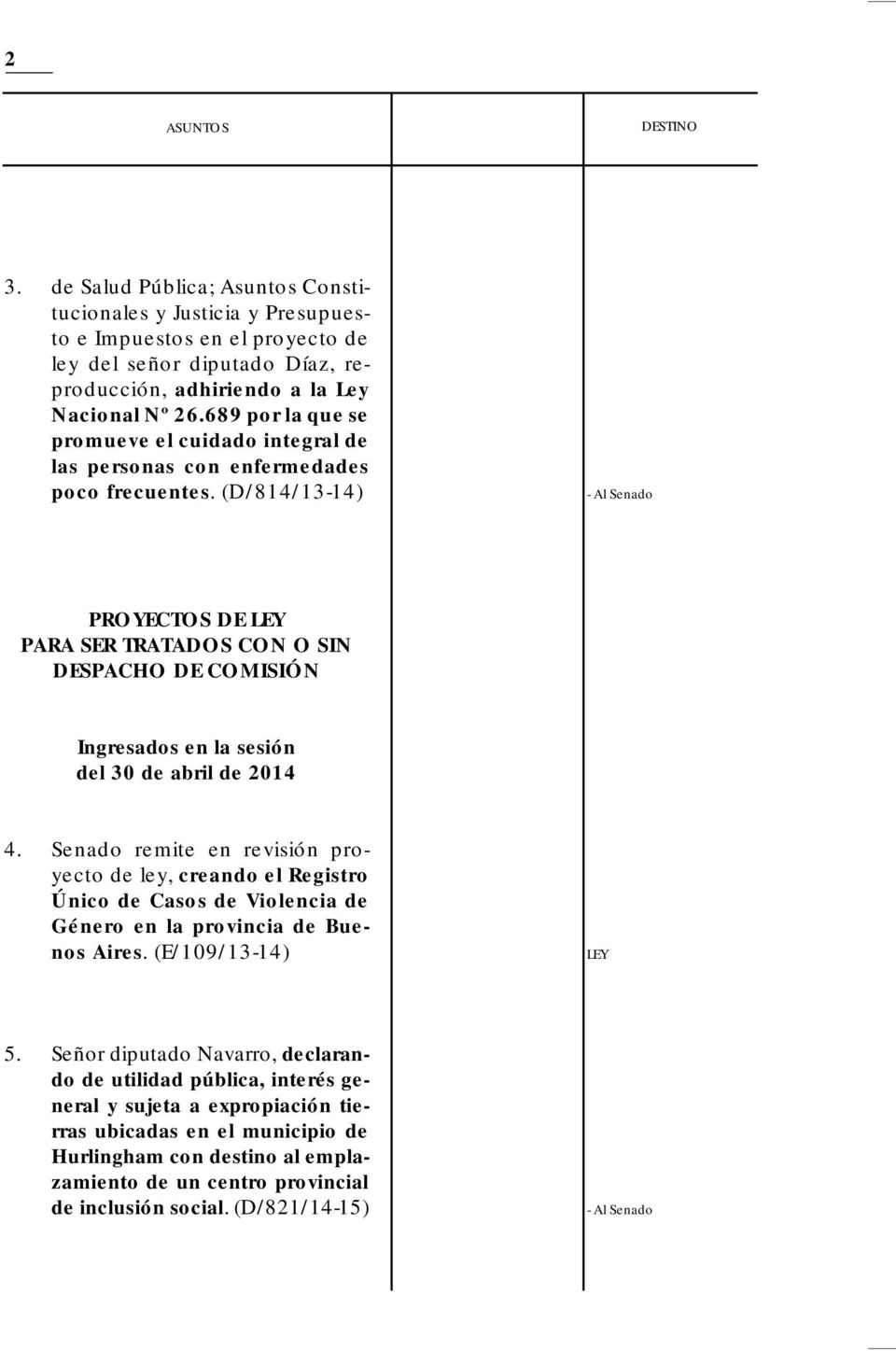 Senado remite en revisión proyecto de ley, creando el Registro Único de Casos de Violencia de Género en la provincia de Buenos Aires. (E/109/13-14) LEY 5.