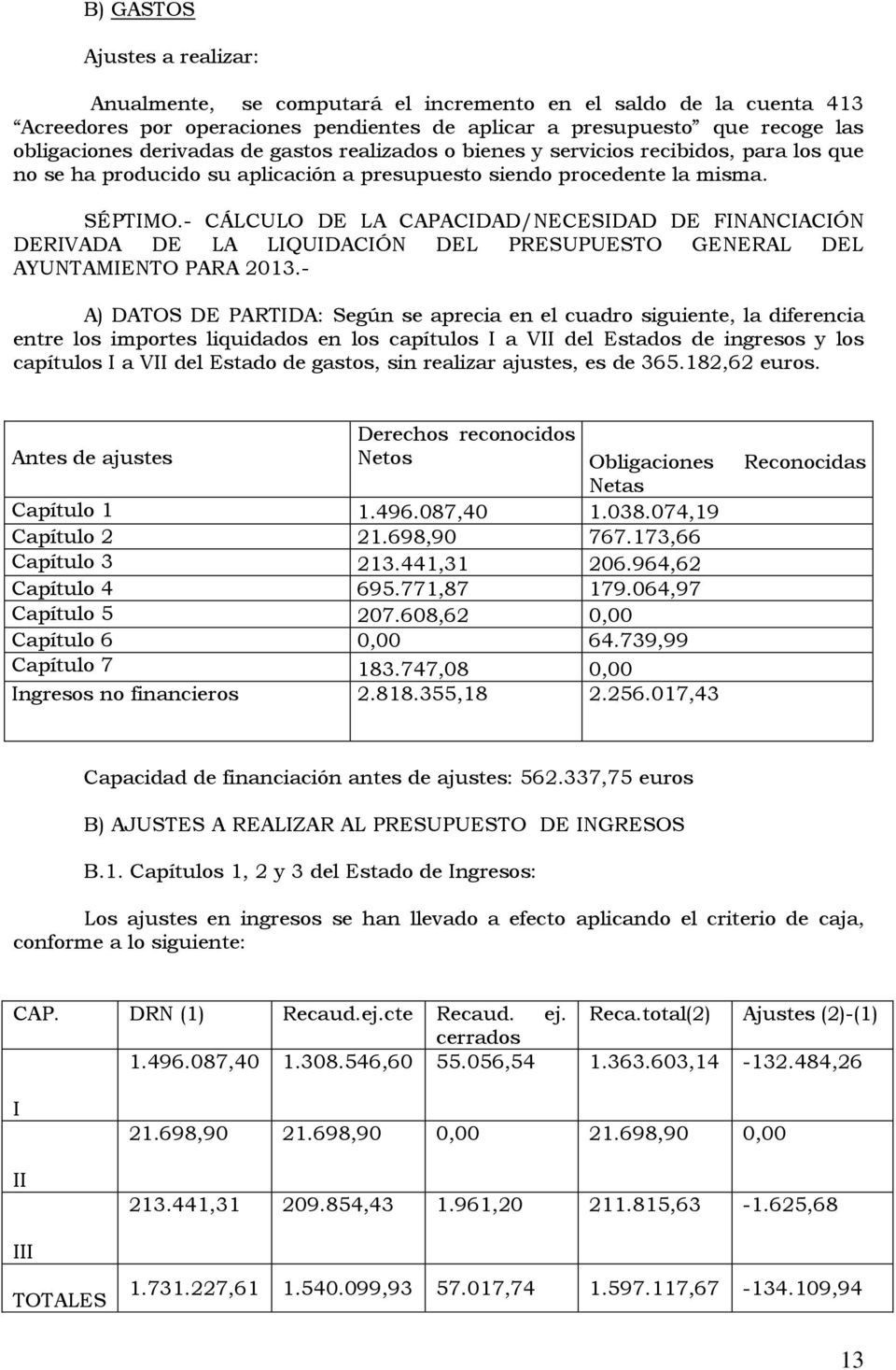 - CÁLCULO DE LA CAPACIDAD/NECESIDAD DE FINANCIACIÓN DERIVADA DE LA LIQUIDACIÓN DEL PRESUPUESTO GENERAL DEL AYUNTAMIENTO PARA 2013.