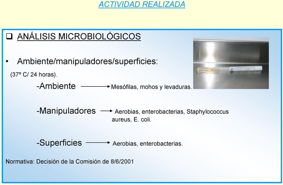 -Manipuladores Aerobias, enterobacterias, Staphylococcus aureus, E.