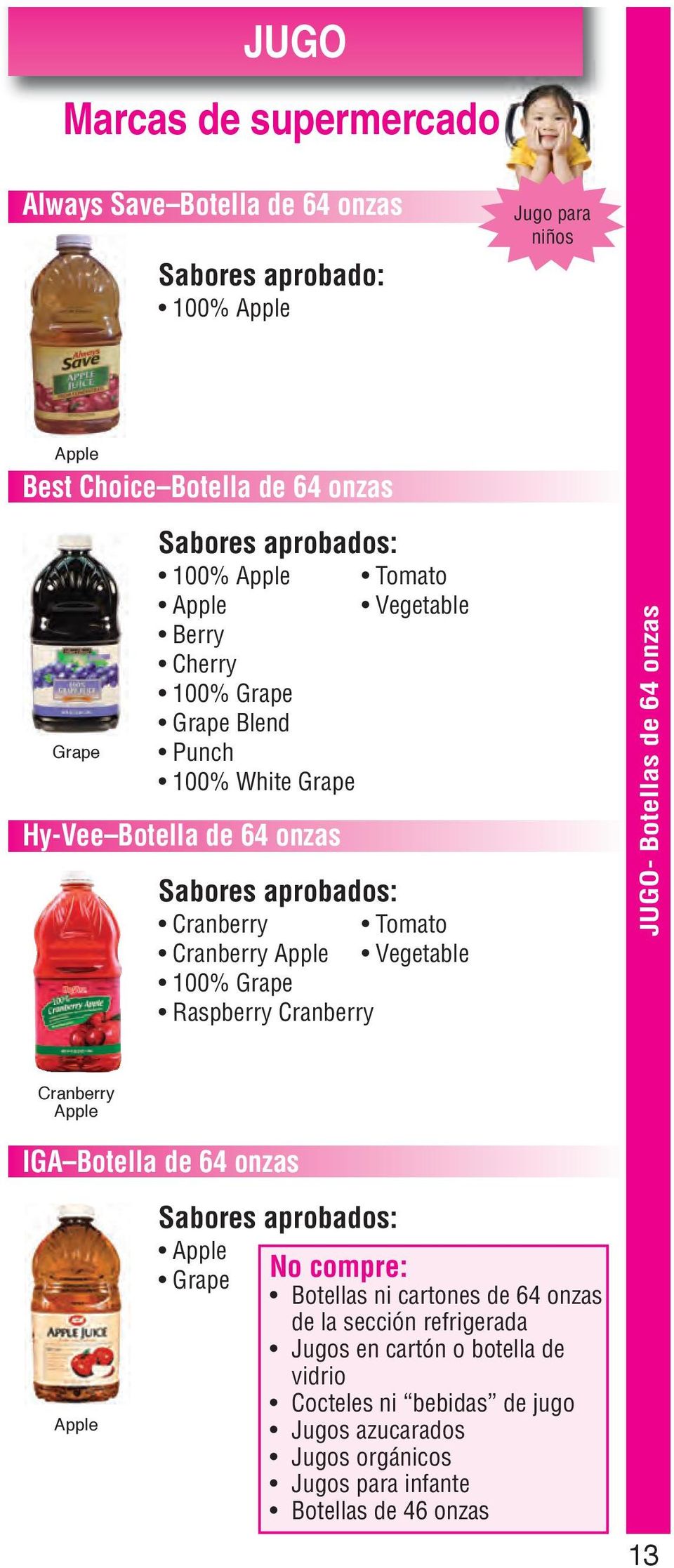 Vegetable 100% Grape Raspberry Cranberry JUGO- Botellas de 64 onzas Cranberry Apple IGA Botella de 64 onzas Apple Sabores aprobados: Apple Grape No compre: Botellas ni