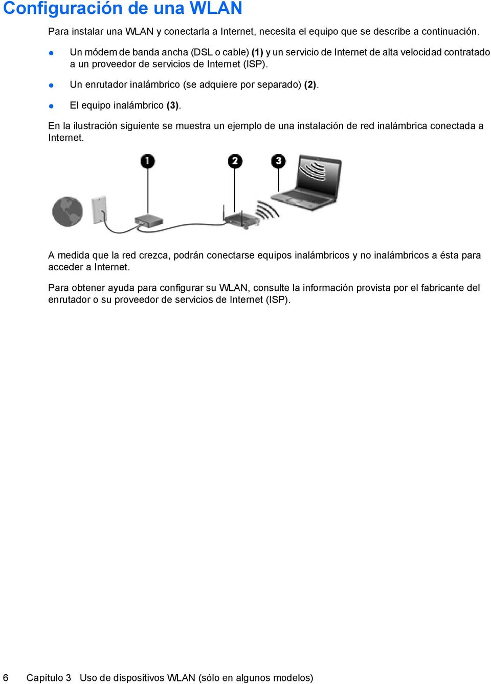 El equipo inalámbrico (3). En la ilustración siguiente se muestra un ejemplo de una instalación de red inalámbrica conectada a Internet.