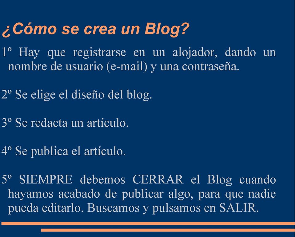 contraseña. 2º Se elige el diseño del blog. 3º Se redacta un artículo.