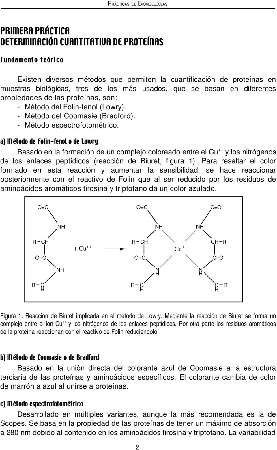 Basado en la formación de un complejo coloreado entre el Cu ++ y los nitrógenos de los enlaces peptídicos (reacción de Biuret, figura 1).