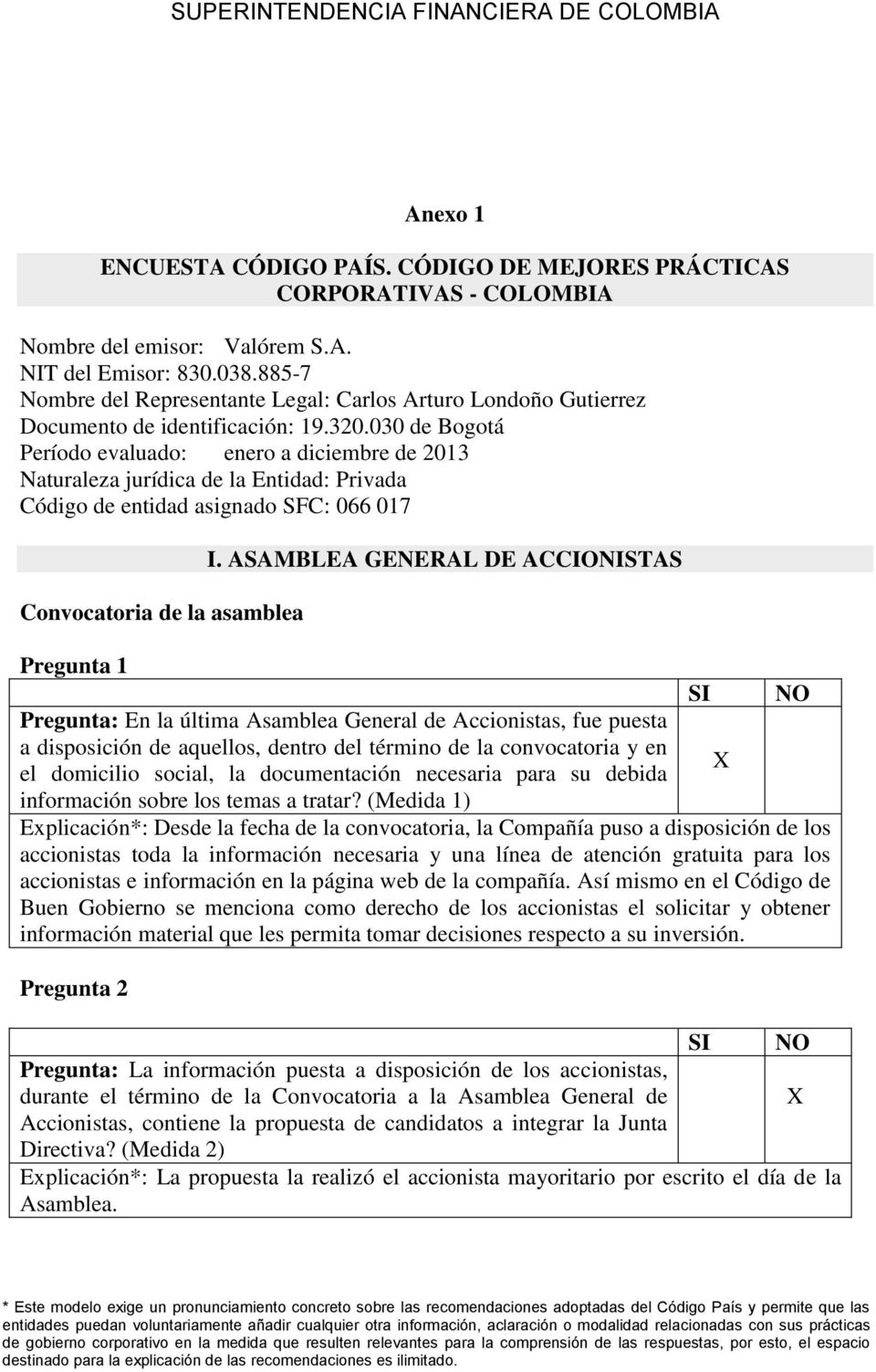 030 de Bogotá Período evaluado: enero a diciembre de 2013 Naturaleza jurídica de la Entidad: Privada Código de entidad asignado SFC: 066 017 Convocatoria de la asamblea I.