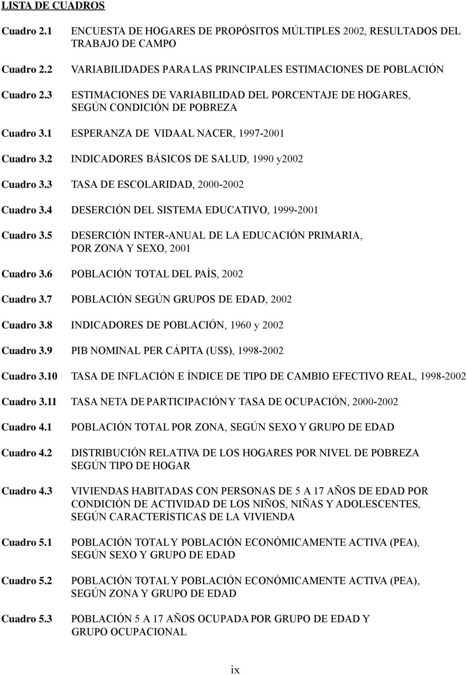 HOGARES, SEGÚN CONDICIÓN DE POBREZA Cuadro 3.1 ESPERANZA DE VIDAAL NACER, 1997-2001 Cuadro 3.2 INDICADORES BÁSICOS DE SALUD, 1990 y2002 Cuadro 3.3 TASA DE ESCOLARIDAD, 2000-2002 Cuadro 3.