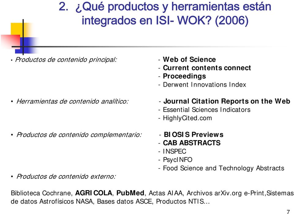 of Science - Current contents connect - Proceedings - Derwent Innovations Index - Journal Citation Reports on the Web - Essential Sciences Indicators -