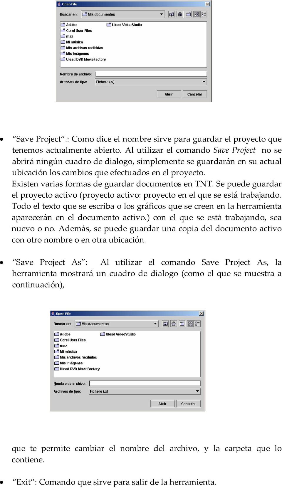 Existen varias formas de guardar documentos en TNT. Se puede guardar el proyecto activo (proyecto activo: proyecto en el que se está trabajando.