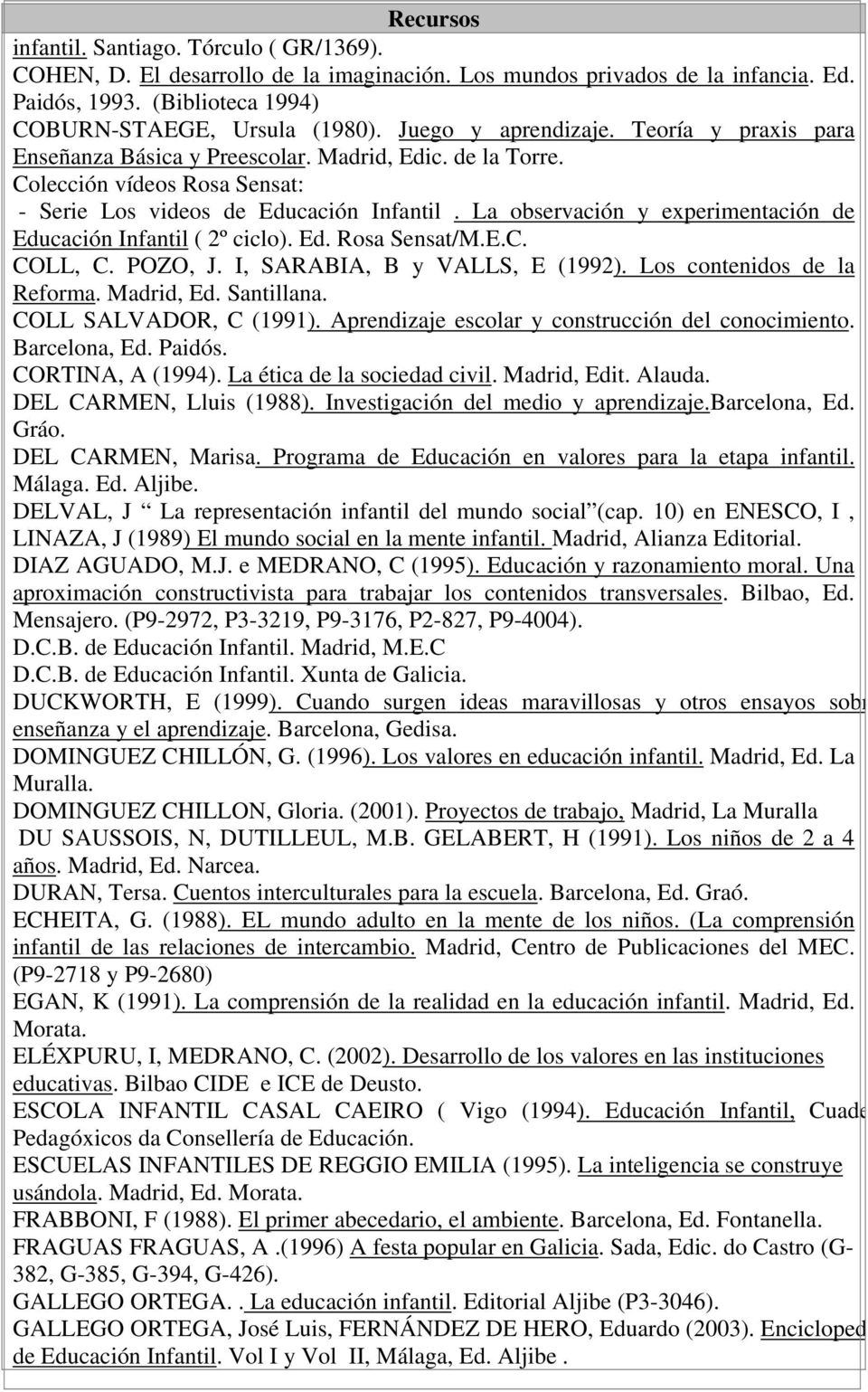 La observación y experimentación de Educación Infantil ( 2º ciclo). Ed. Rosa Sensat/M.E.C. COLL, C. POZO, J. I, SARABIA, B y VALLS, E (1992). Los contenidos de la Reforma. Madrid, Ed. Santillana.