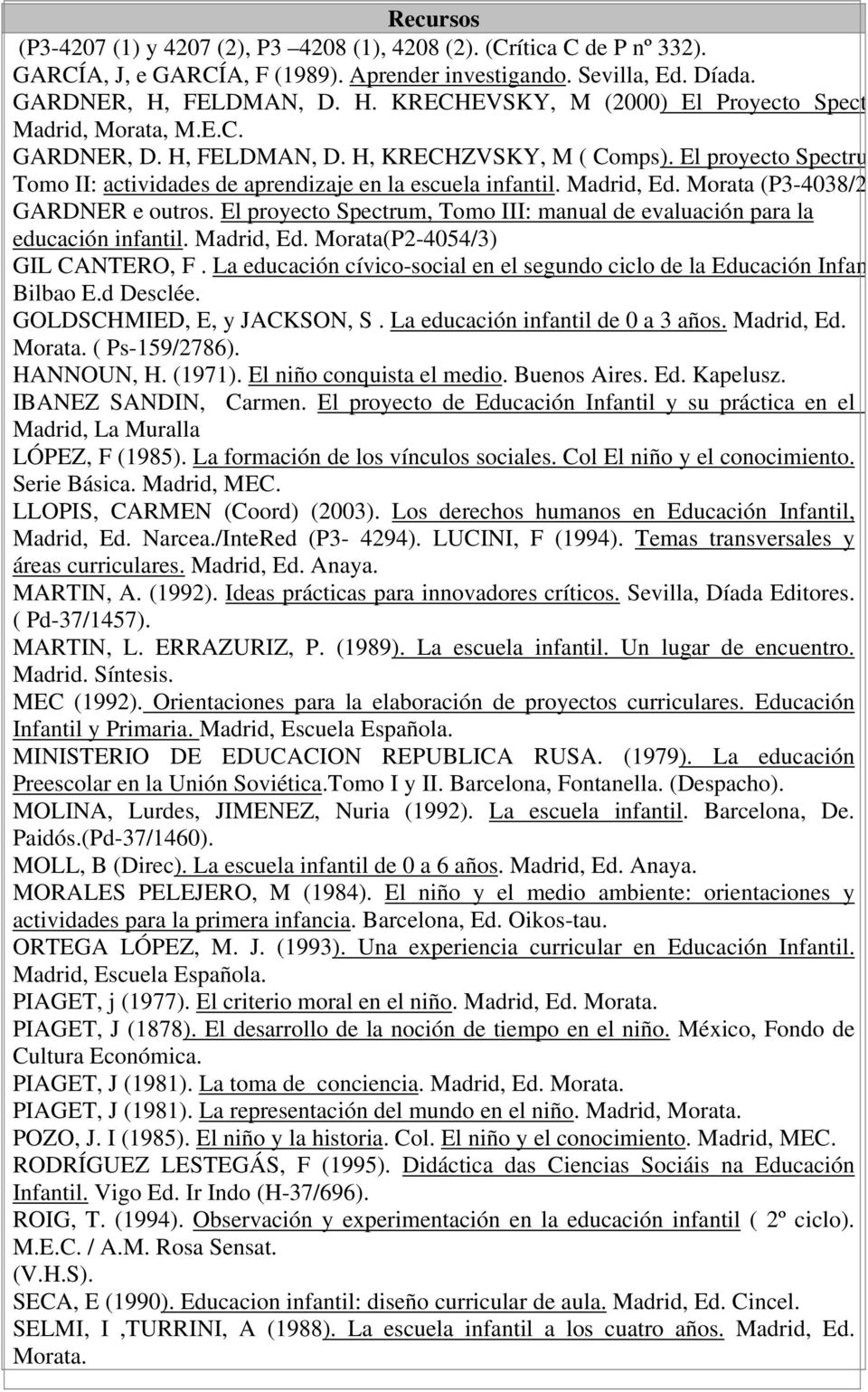 El proyecto Spectru Tomo II: actividades de aprendizaje en la escuela infantil. Madrid, Ed. Morata (P3-4038/2 GARDNER e outros.