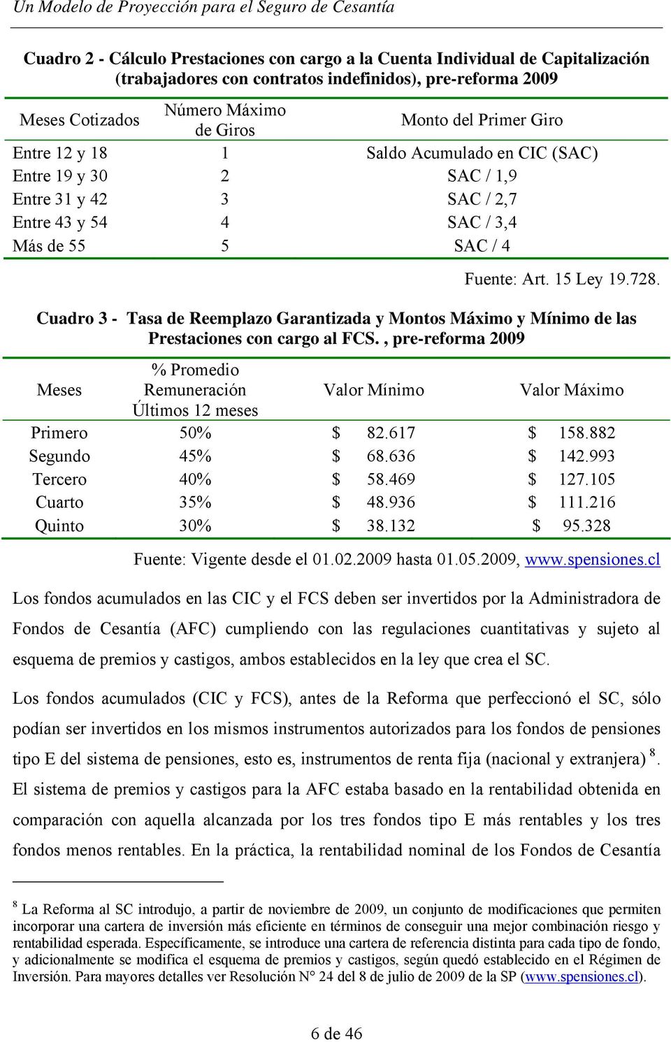 Cuadro 3 - Tasa de Reemplazo Garantizada y Montos Máximo y Mínimo de las Prestaciones con cargo al FCS.