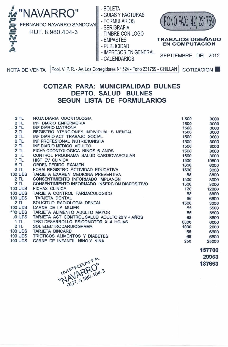 IPobl. V. P. R. - Av. Los Corregidores W 524 - Fono 231759 - CHILLAN I CTIZACIN. CTIZAR PARA: MUNICIPALIDAD BULNES DEPT.