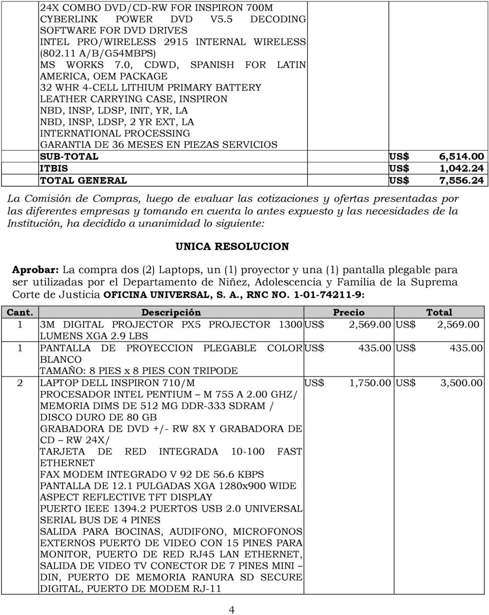 PROCESSING GARANTIA DE 36 MESES EN PIEZAS SERVICIOS SUB-TOTAL US$ 6,514.00 ITBIS US$ 1,042.24 TOTAL GENERAL US$ 7,556.