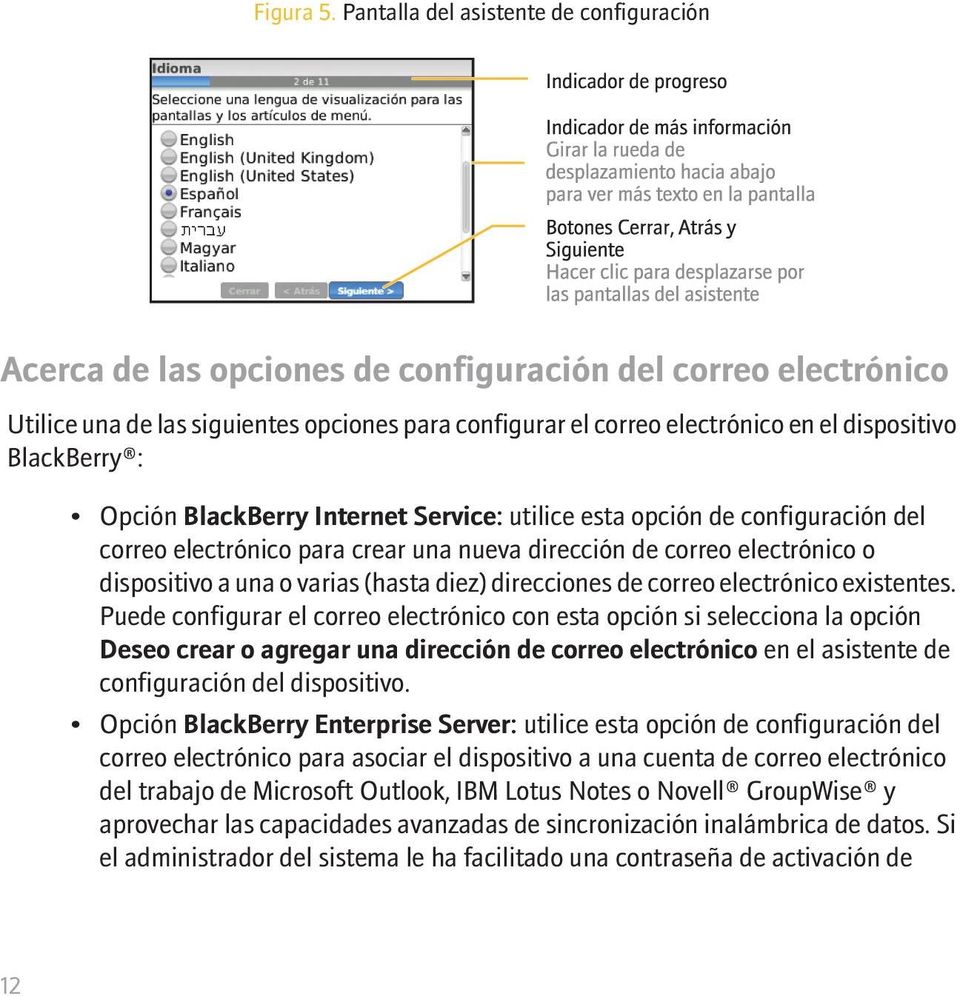 BlackBerry : Opción BlackBerry Internet Service: utilice esta opción de configuración del correo electrónico para crear una nueva dirección de correo electrónico o dispositivo a una o varias (hasta