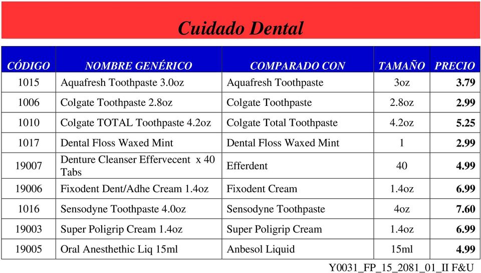 99 19007 Denture Cleanser Effervecent x 40 Tabs Efferdent 40 4.99 19006 Fixodent Dent/Adhe Cream 1.4oz Fixodent Cream 1.4oz 6.