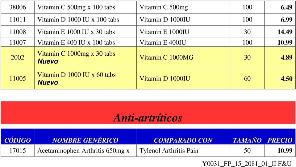 99 11008 Vitamin E 1000 IU x 30 tabs Vitamin E 1000IU 30 14.