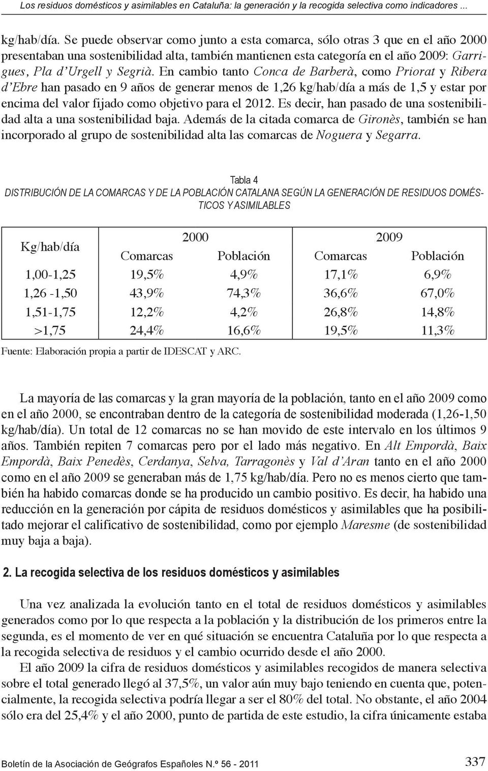 En cambio tanto Conca de Barberà, como Priorat y Ribera d Ebre han pasado en 9 años de generar menos de 1,26 kg/hab/día a más de 1,5 y estar por encima del valor fijado como objetivo para el 2012.