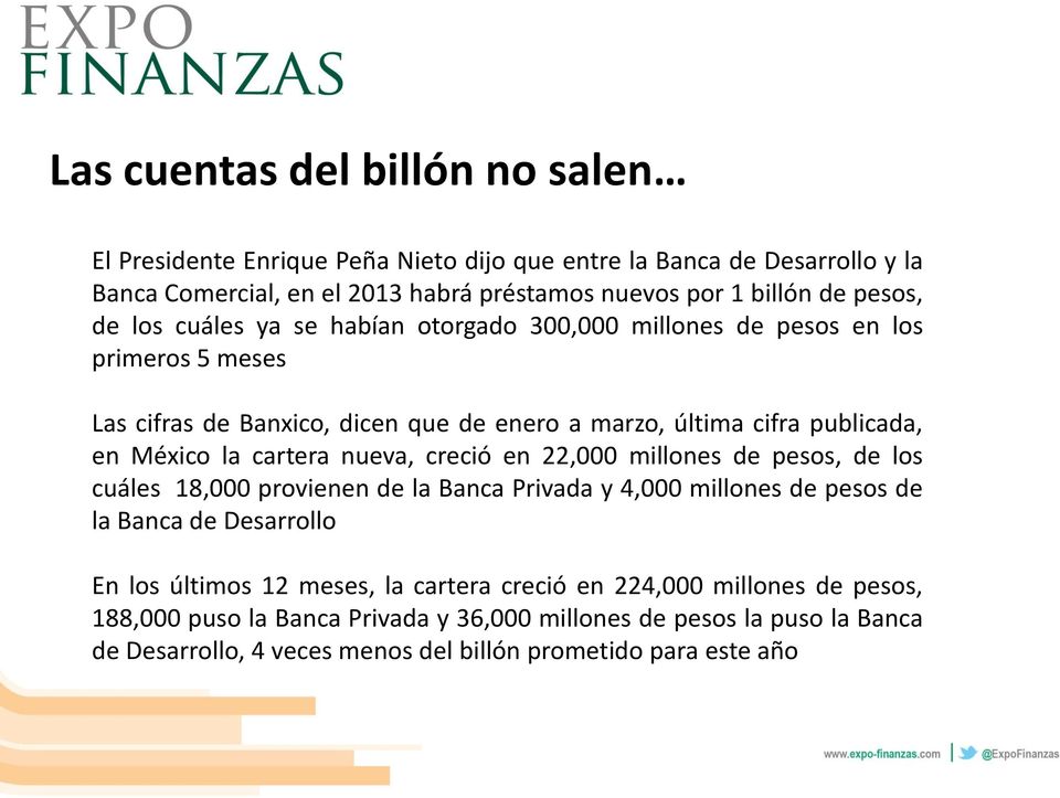 la cartera nueva, creció en 22,000 millones de pesos, de los cuáles 18,000 provienen de la Banca Privada y 4,000 millones de pesos de la Banca de Desarrollo En los últimos 12