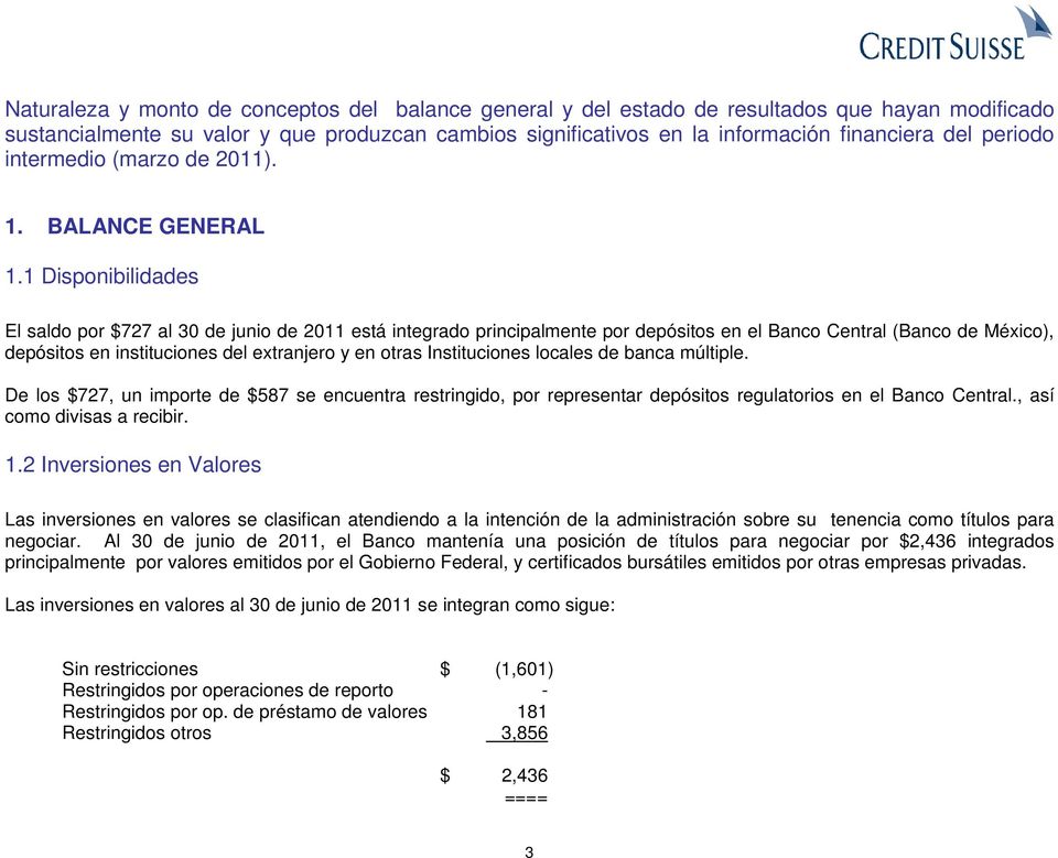 1 Disponibilidades El saldo por $727 al 30 de junio de 2011 está integrado principalmente por depósitos en el Banco Central (Banco de México), depósitos en instituciones del extranjero y en otras