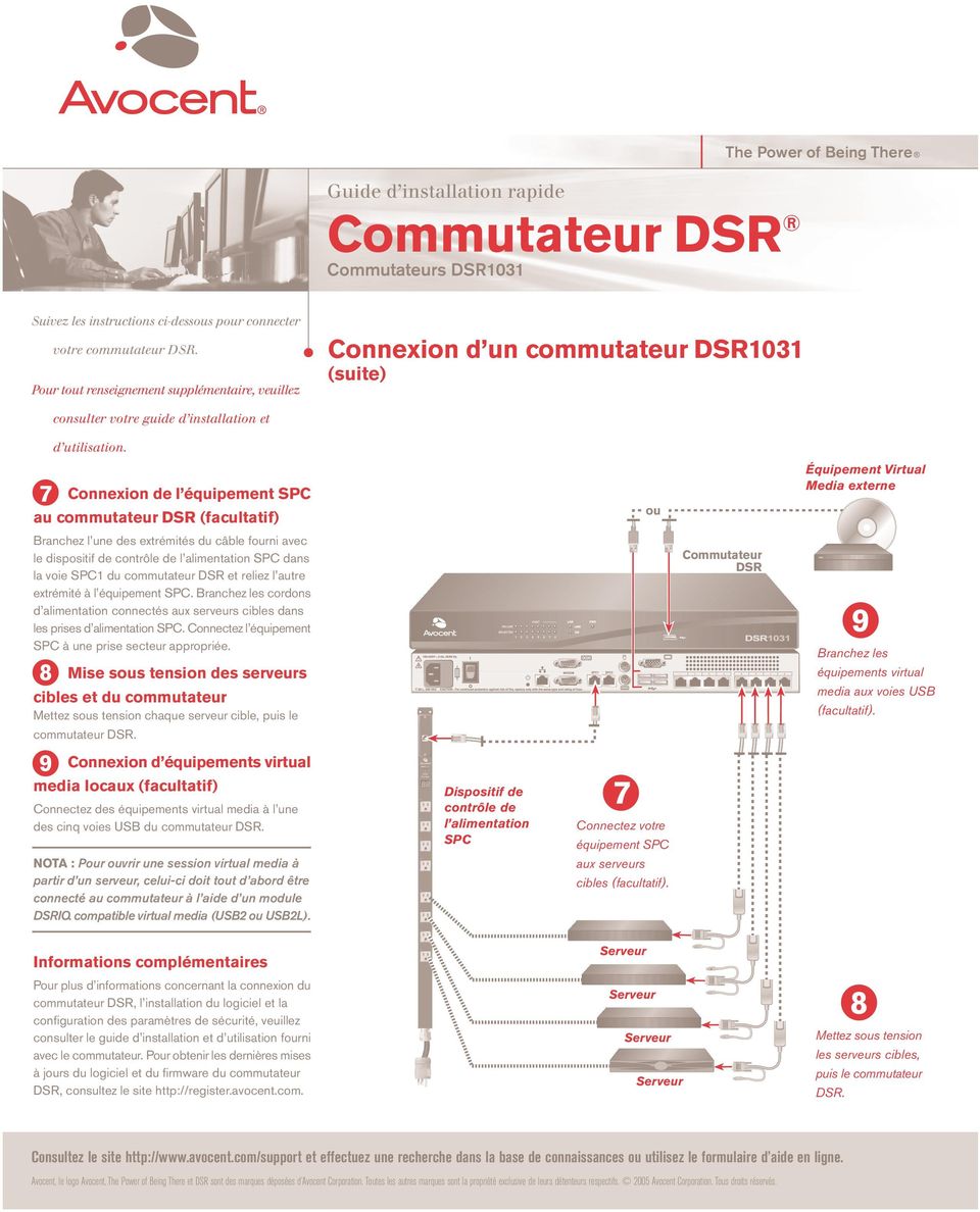 Connexion de l équipement SPC au commutateur DSR (facultatif) Branchez l une des extrémités du câble fourni avec le dispositif de contrôle de l alimentation SPC dans la voie SPC1 du commutateur DSR