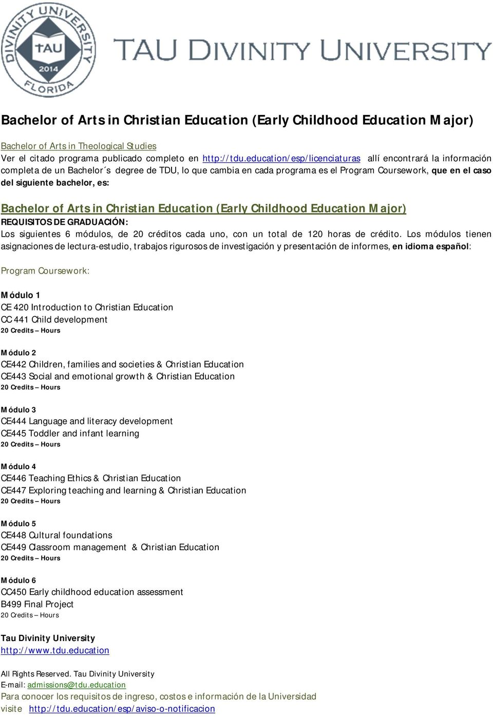 Bachelor of Arts in Christian Education ( Early Childhood Education Major) Los siguientes 6 módulos, de 20 créditos cada uno, con un total de 120 horas de crédito.