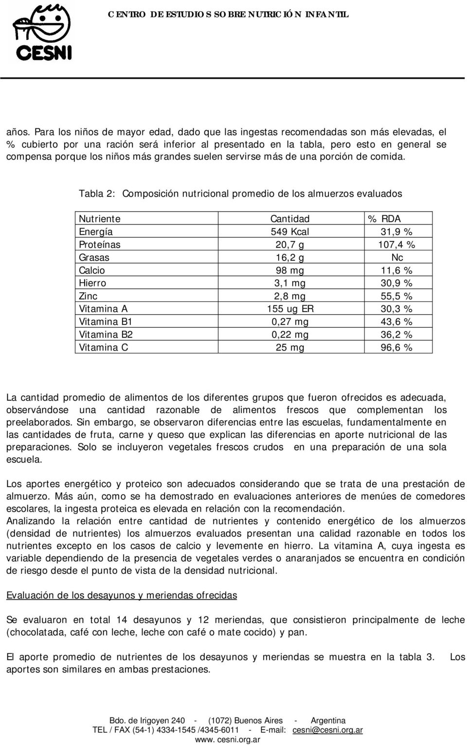 Tabla 2: Composición nutricional promedio de los almuerzos evaluados Nutriente Cantidad % RDA Energía 549 Kcal 31,9 % Proteínas 20,7 g 107,4 % Grasas 16,2 g Nc Calcio 98 mg 11,6 % Hierro 3,1 mg 30,9
