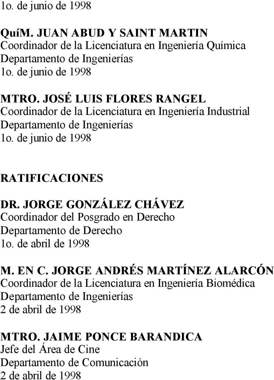 JORGE GONZÁLEZ CHÁVEZ Coordinador del Posgrado en Derecho Departamento de Derecho 1o. de abril de 1998 M. EN C.