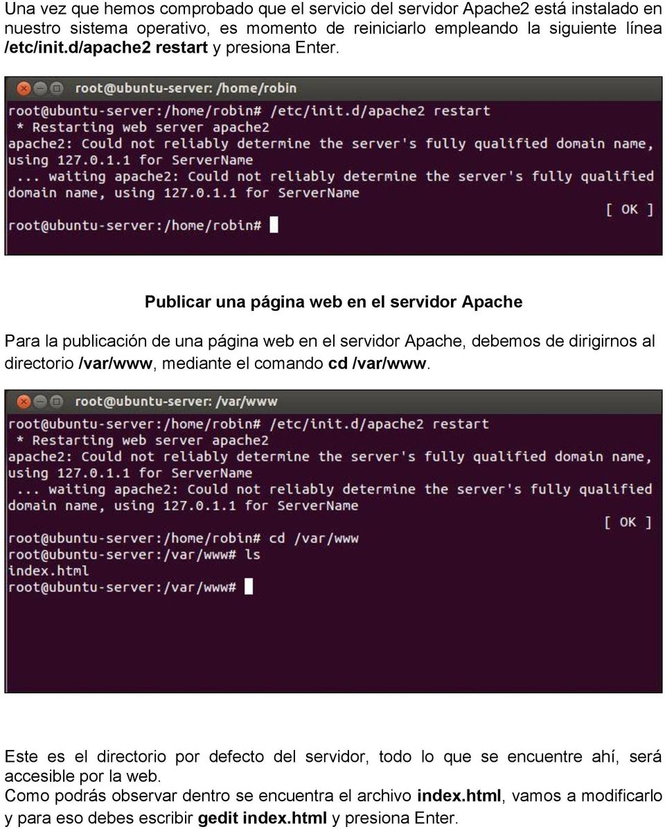 Publicar una página web en el servidor Apache Para la publicación de una página web en el servidor Apache, debemos de dirigirnos al directorio /var/www, mediante