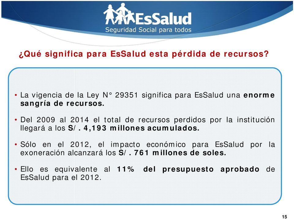 Del 2009 al 204 el total de recursos perdidos por la institución llegará a los S/. 4,93 millones acumulados.