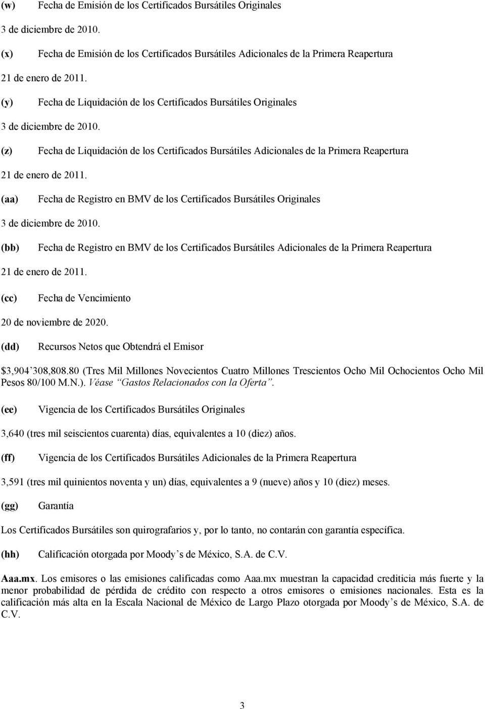 (z) Fecha de Liquidación de los Certificados Bursátiles Adicionales de la Primera Reapertura 21 de enero de 2011.