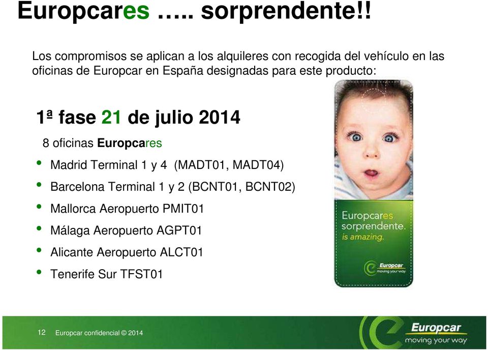 Europcar en España designadas para este producto: 1ª fase 21 de julio 2014 8 oficinas Europcares