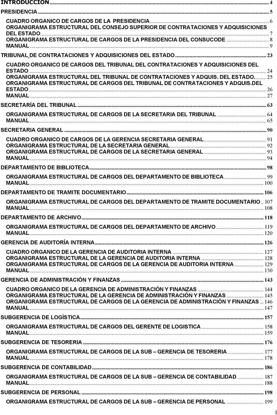 .. 23 CUADRO ORGANICO DE CARGOS DEL TRIBUNAL DEL CONTRATACIONES Y ADQUISICIONES DEL ESTADO... 24 ORGANIGRAMA ESTRUCTURAL DEL TRIBUNAL DE CONTRATACIONES Y ADQUIS. DEL ESTADO... 25 ORGANIGRAMA ESTRUCTURAL DE CARGOS DEL TRIBUNAL DE CONTRATACIONES Y ADQUIS.
