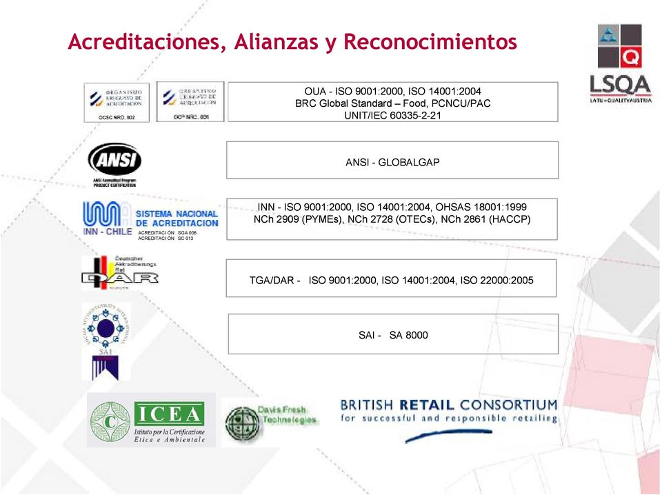 ACREDITACI ÓN SC 013 INN - ISO 9001:2000, ISO 14001:2004, OHSAS 18001:1999 NCh 2909 (PYMEs),
