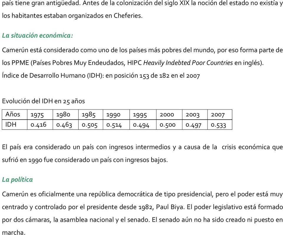 inglés). Índice de Desarrollo Humano (IDH): en posición 153 de 182 en el 2007 Evolución del IDH en 25 años Años 1975 1980 1985 1990 1995 2000 2003 2007 IDH 0.416 0.463 0.505 0.514 0.494 0.500 0.497 0.