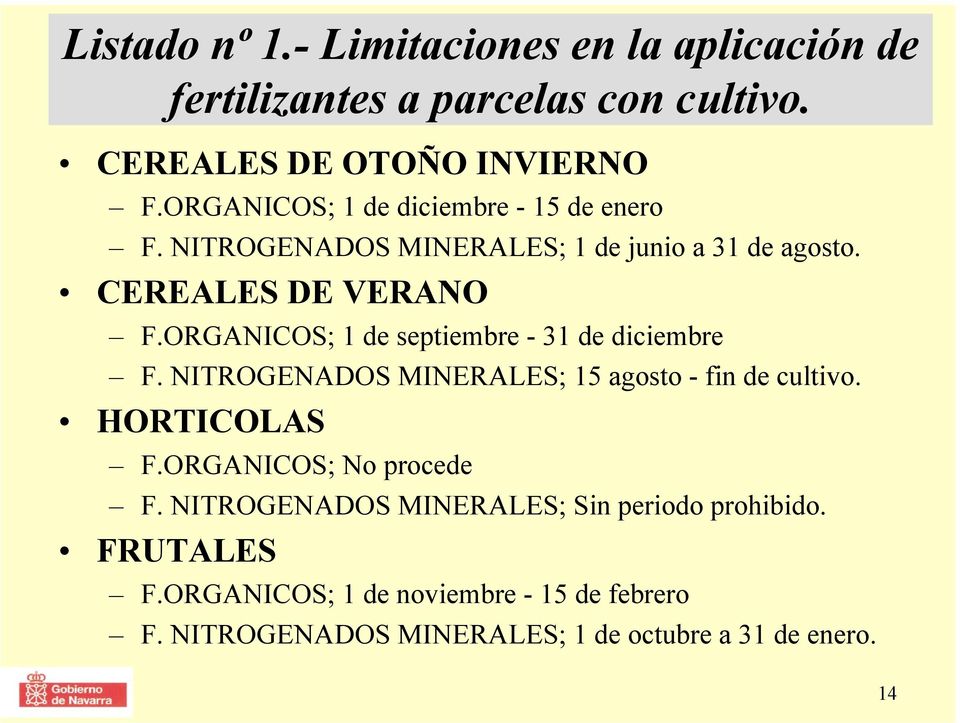 ORGANICOS; 1 de septiembre - 31 de diciembre F. NITROGENADOS MINERALES; 15 agosto - fin de cultivo. HORTICOLAS F.