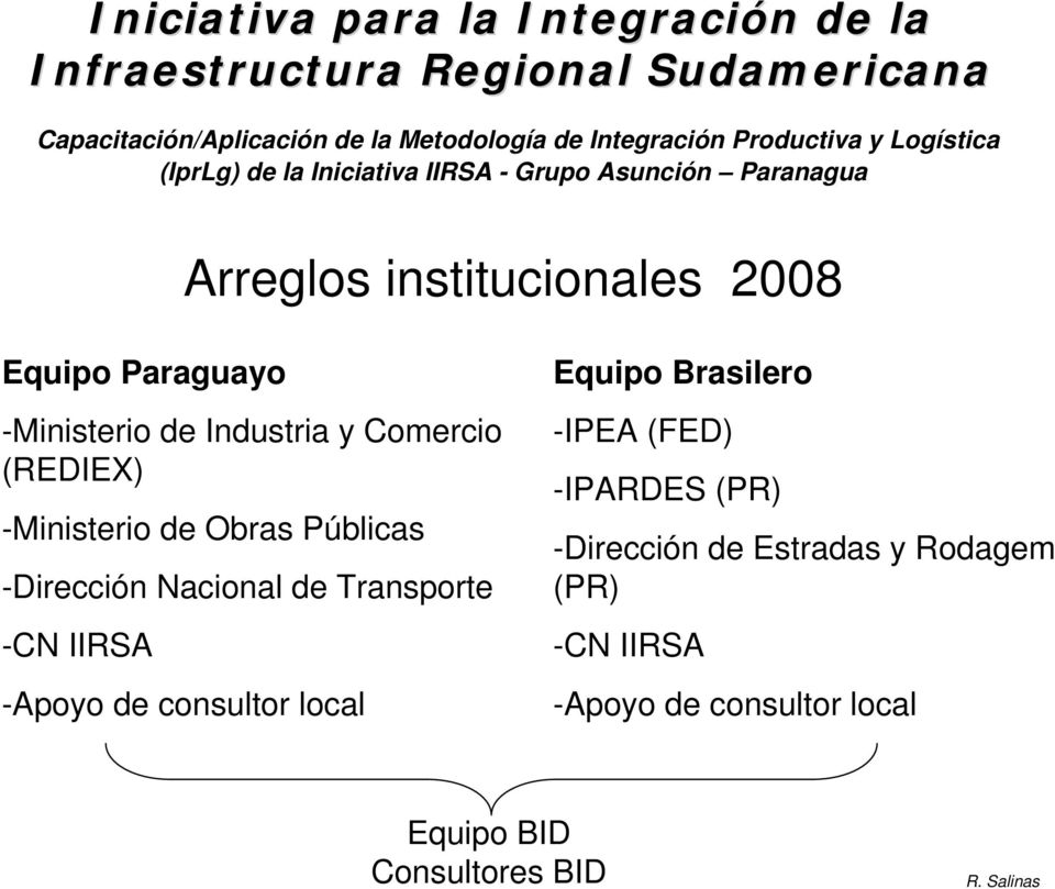 de Industria y Comercio (REDIEX) -Ministerio de Obras Públicas -Dirección Nacional de Transporte -CN IIRSA -Apoyo de consultor local Equipo