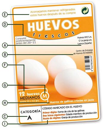 A: Identificación de la empresa que haya embalado o comercializado los huevos: nombre o razón social y domicilio. B: Número de Registro del centro de embalaje autorizado.