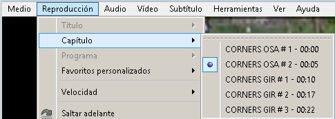 Para ver los registros en el reproductor de video VLC media player haga clic en reproducción y después en capítulos por último