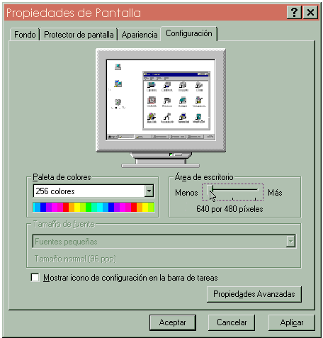 Configuración de la pantalla en Windows Ver. 95 y 98 1. Dar clic en el botón Inicio, ir al comando Configuración y seleccionar Panel de Control. 3.