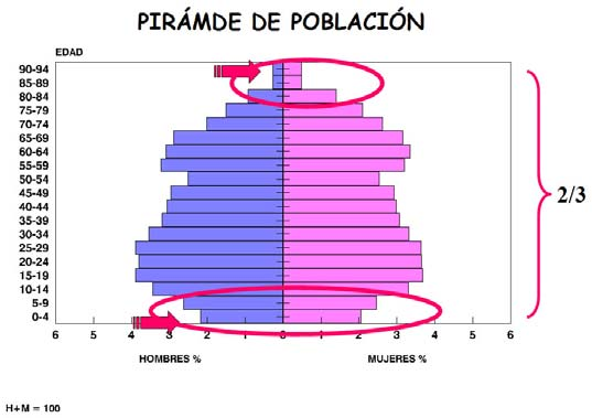 La pirámide de población es la representación gráfica de la estructura por edad y sexo de la población en un momento dado.