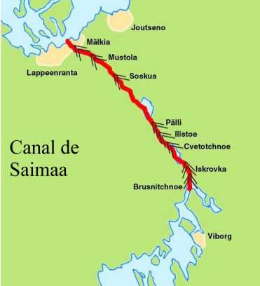 Canal del Saimaa (Finland) Longitud: 58 km (excavado 33,5 km) Inaugurado: 1856 Compuertas: 28 Conecta el lago de Saimaa al Golfo de Finlandia entre las ciudades de Lappeenranta y Vyborg con un
