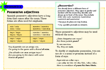 II. Now, you add to your knowledge of possessive adjectives that you learned in 2 Realidades 1 with another way of expressing the same idea.