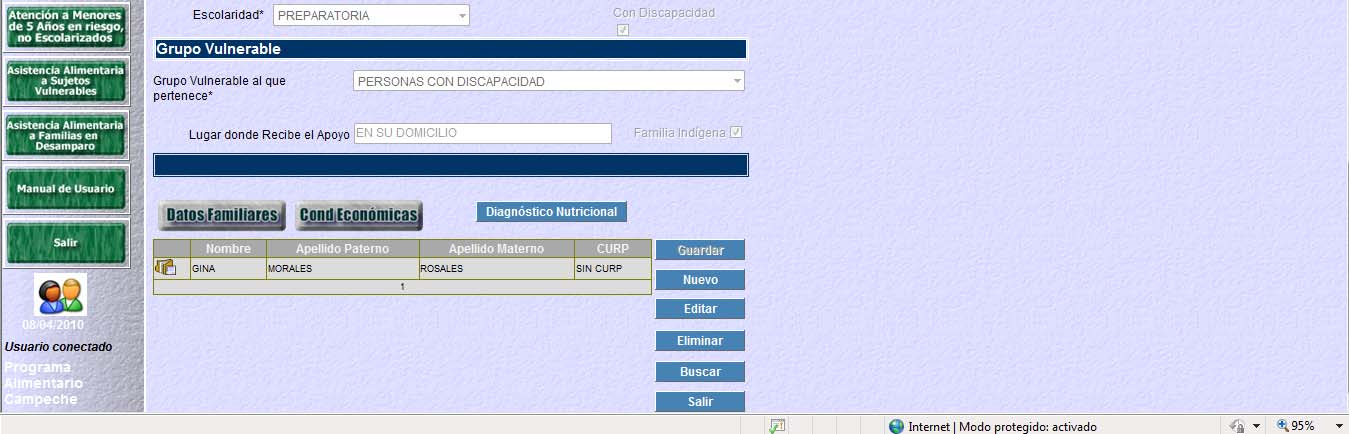 Pantalla de Registro de Beneficiarios Es la pantalla donde el usuario captura los datos básicos de las personas beneficiadas con el programa.