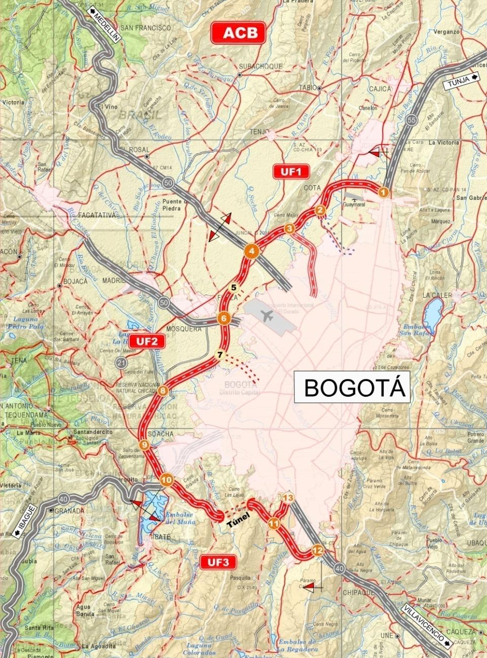 13 Circunvalar de Bogotá Longitud proyecto: 67 km Intervenciones: Construcción 67 km vía nueva en doble calzada de tres carriles Construcción túnel de 2.