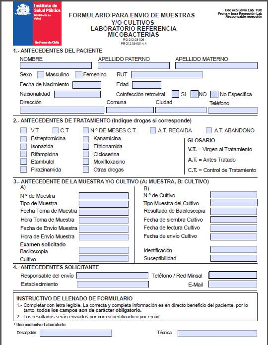 Formulario para envío de muestras y/o cultivos LRM Ruta: www.ispch.