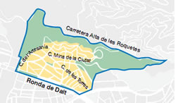 Figura 1.2 Mapa del districte de Nou Barris. Barcelona. El barri de Roquetes es recolza sobre el vessant muntanyós damunt un terreny molt irregular de forts desnivells.