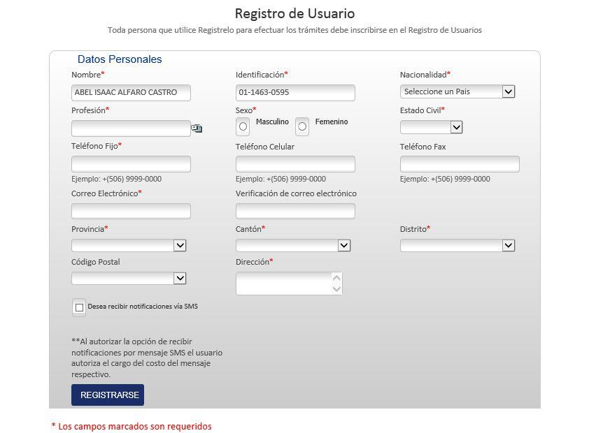 Proceso de Registro Pasos para su registro de usuario en el sistema Regístrelo : Al ingresar a la página web de Regístrelo debe seleccionar la opción Regístrese, le aparecerá una ventana pidiéndole