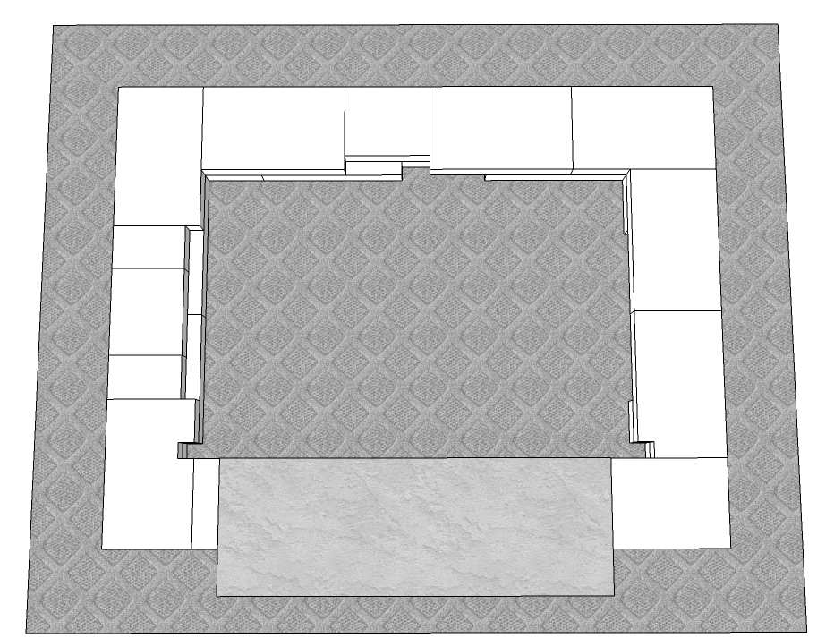 Large notch cut 1 1/2 x 1 1/2 Large notch cut 1 1/2 x 1 1/2 offset by 4 Layer 2-A: Hearth Layer Center the large cast Hearth piece to the front of the firebox.